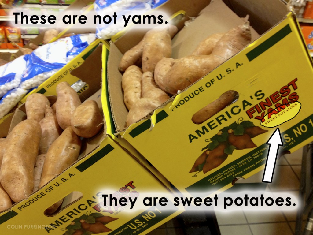 Photograph of box of sweet potatoes, not yams
