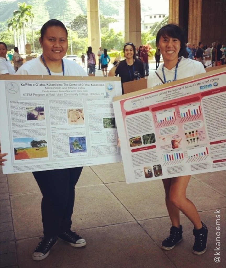 Two researchers wearing their academic posters