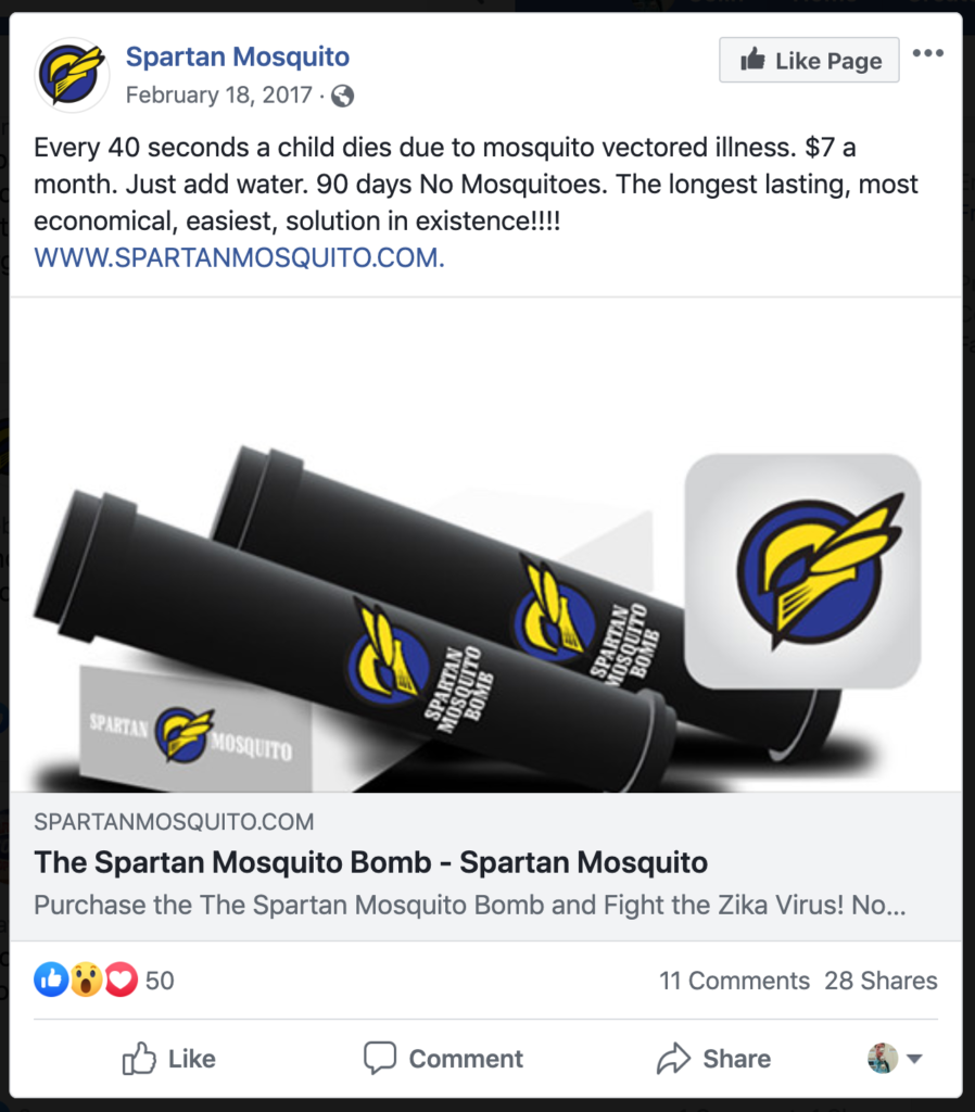 Spartan Mosquito's Zika advertisement on Facebook