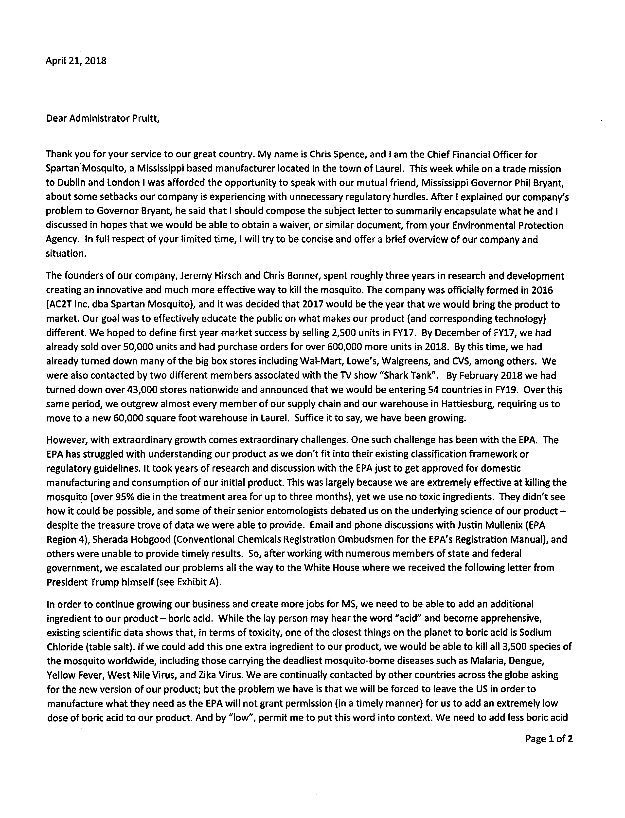 Letter from Chris Spence of Spartan Mosquito to Scott Pruitt of the EPA asking for a waiver from pesticide testing requirements. Page 1 of 2.