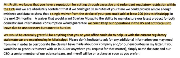 Snippet of a letter from Spartan Mosquito's Chris Spence to EPA Administrator Scott Pruitt