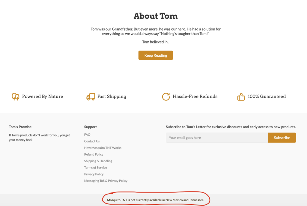 Screenshot of Tougher Than Tom's website with circled text that reads: "Mosquito TNT is not currently available in New Mexico and Tennessee."